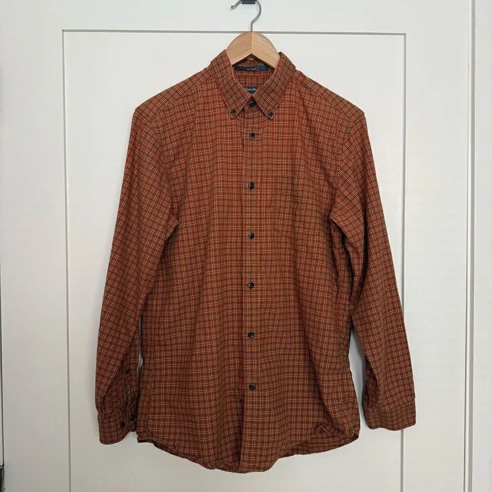 Eddie Bauer Shirt Mens Size S Orange Plaid Relaxed Fit Button Down Long Sleeve